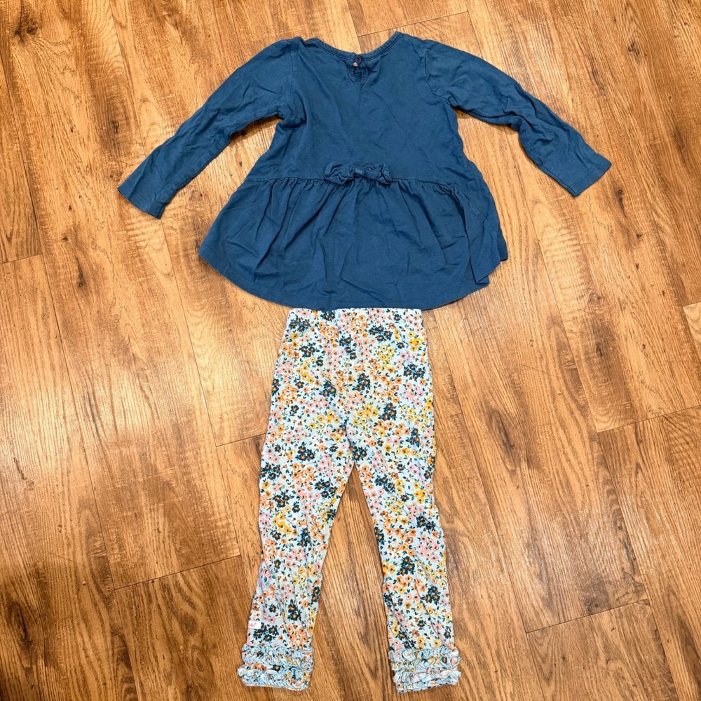 RuffleButts Kids Girls 4T Teal Peplum Tunic and Floral Ruffle Leggings Set 2pc - Picture 6 of 8